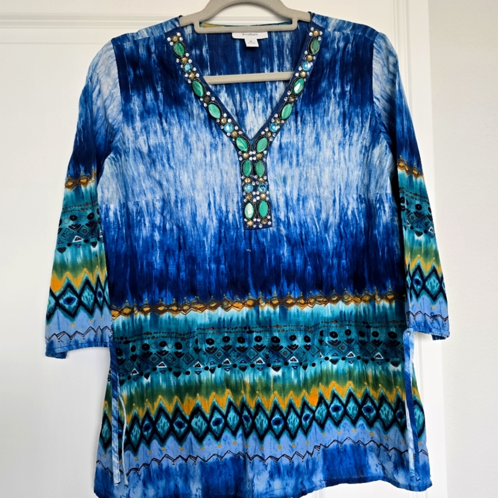 Dressbarn Blue and Green Women's  Cotton Summer Top With A Tropical Flavor